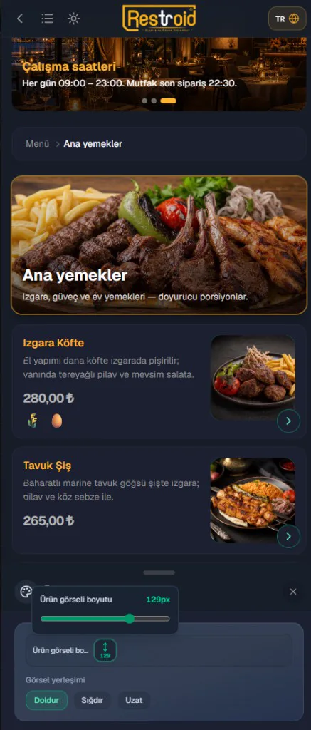 Restroid dijital menü — ürün görseli boyutu ve yerleşim ayarları